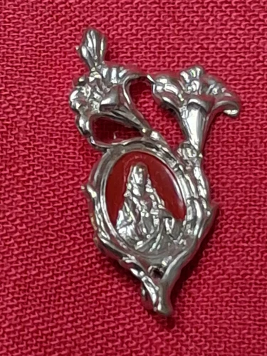 Vintage NEW Scapular Sacred Heart Jesus Pin Brooch Aluminum Germany 1950s