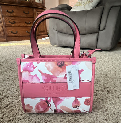 GUESS Pink White Floral Small Satchel Top Handle Zip Silver Hardware Det Strap