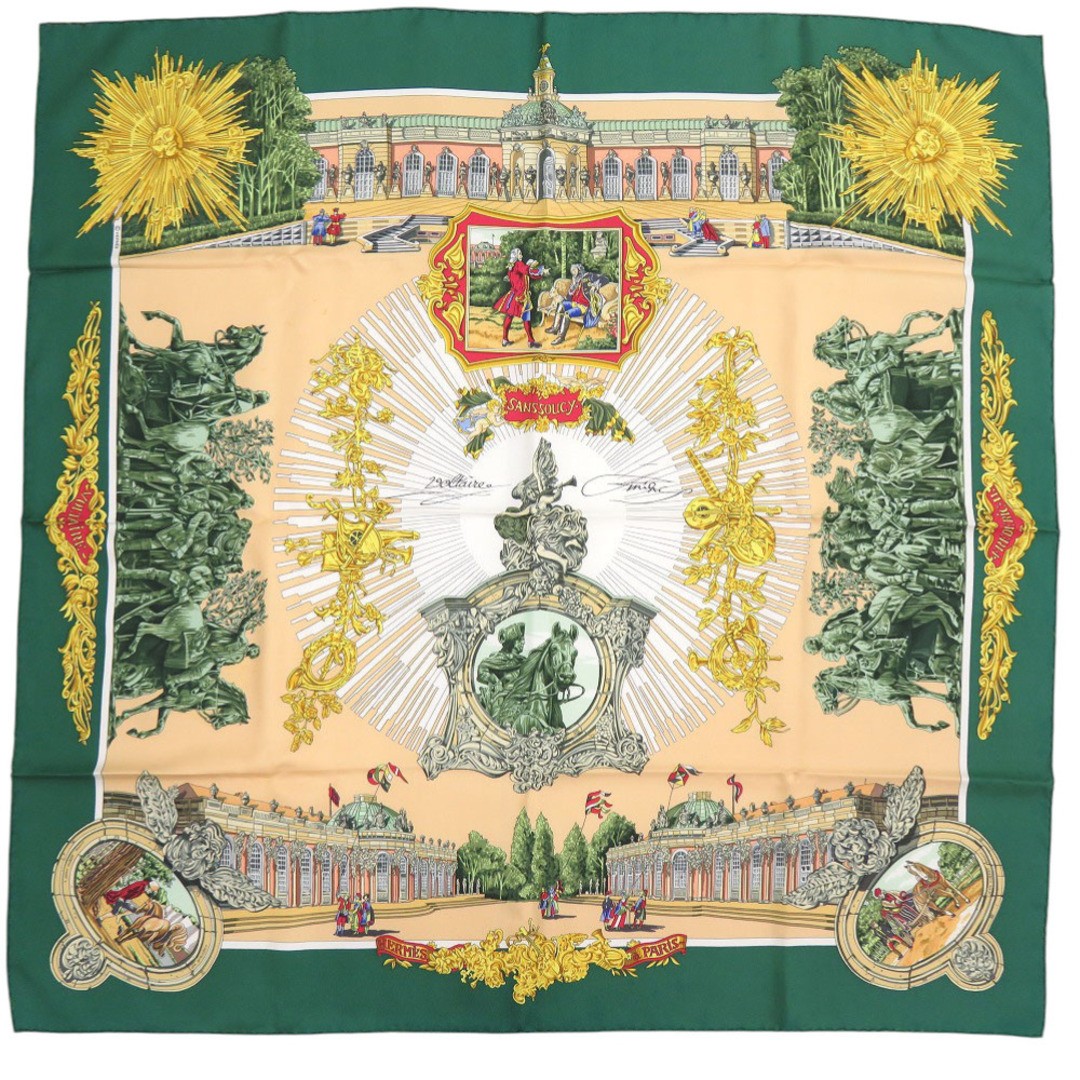 Hermes Carre 90 Sanssoucy Palace Silk Green Gold Red Scarf 0137 Used