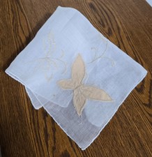 VTG Handkerchief Hanky Butterfly Flowers Embroidery Applique 12x11.5" Soft Girl