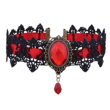 Red Gemstone Lace Choker Necklace for Women Halloween Vampire Jewelry Gift