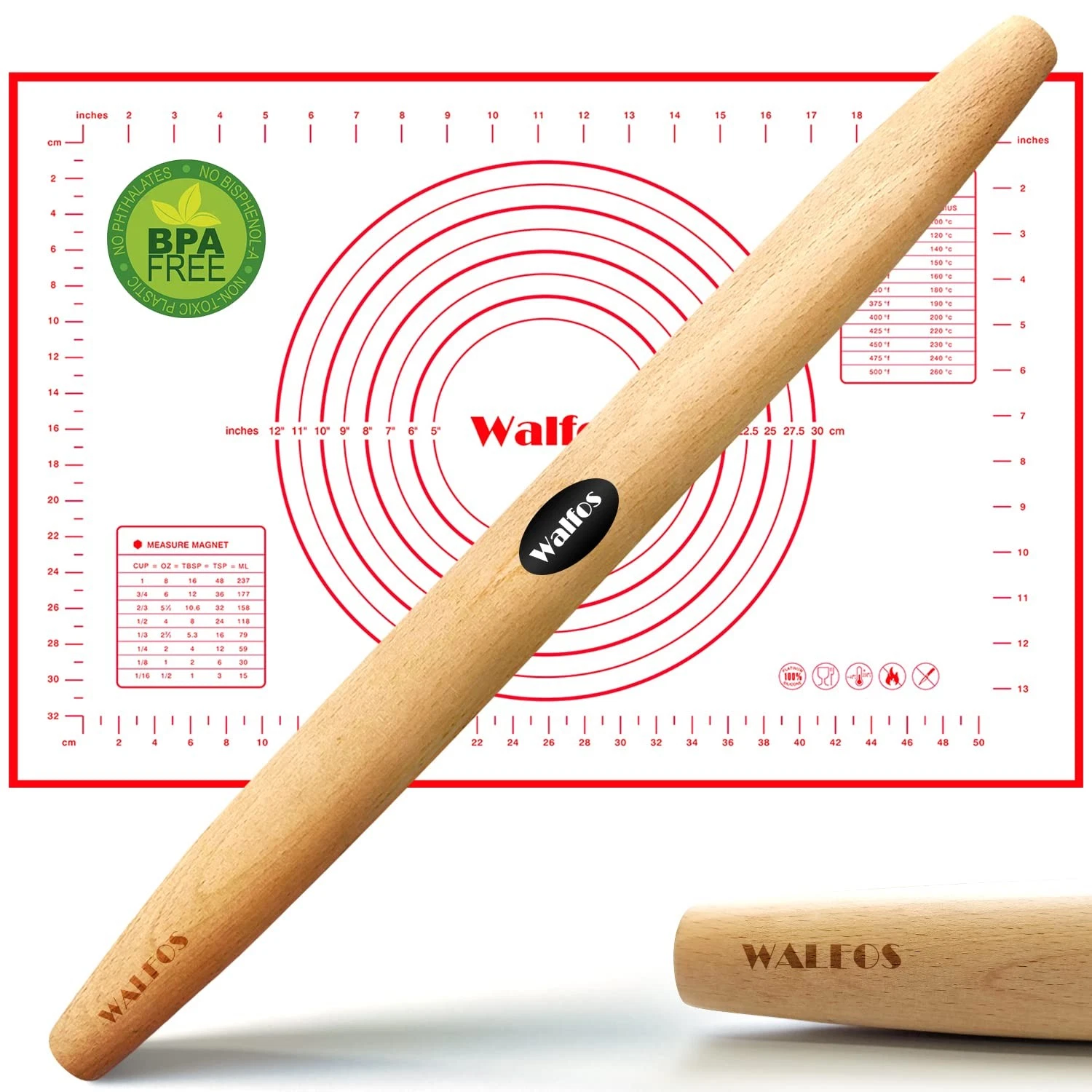 French Rolling Pin and Silicone Baking Mat Set, Non-Stick Beech Wood Rolling ...