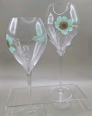 TWO Perrier Jouet FERNANDO LAPOSSE Signed CHAMPAGNE GLASSES Hummingbird Flower