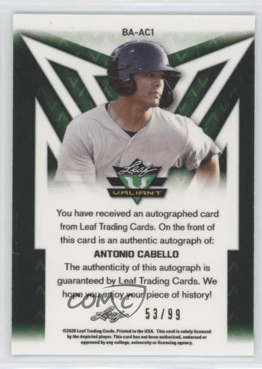 2020 Leaf Valiant /99 Antonio Cabello #BA-AC1 Auto - Image 2 of 2