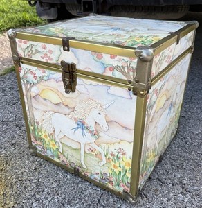 Whimsical Unicorn Wood &Metal Toy Storage Chest Box w/Latch Square Cube 80s-90s 
