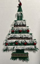 Vtg Green Macrame' Yarn Xmas Tree Wall Hanging Red Pom-Pom Balls Tinsel MCM Boho