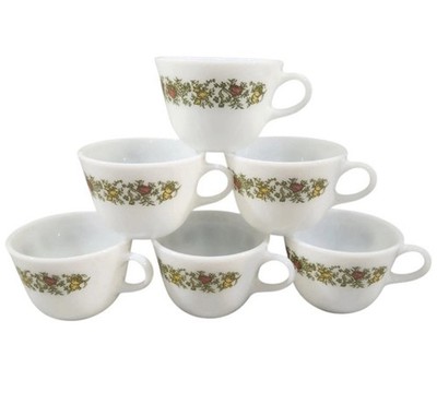 Vintage Set of 6 Corning Ware Spice of Life Milk Glass Mugs Coffee Tea Cups 6 Oz