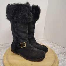 Coach Deeann Black Suede Boots Fur Trim Gold Buckle Black Mid-Calf A7294 Size 8B