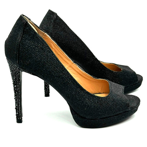 THALIA SODI Women's 8.5 Lenna Black Beaded High Heels Pumps Peep Toe Vegan Glam