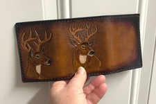Tri-fold Wallet Deer , 2 buck deer on trifold, Genuine Leather Hand Made in USA