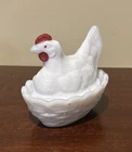 Vintage Milk Glass Small Hen On Nest Covered Dish Chicken Red Paint Comb..3 1/2"