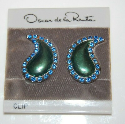 VTG OSCAR DE LA RENTA COUTURE GREEN ENAMEL RHINESTONE AMOEBA SHAPE CLIP EARRINGS
