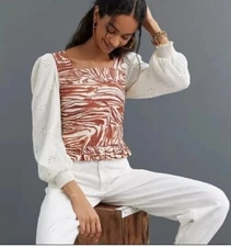 Anthropologie Love The Label Large eyelet smocked zebra print Top Balloon Sleeve