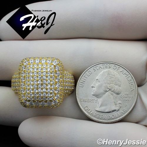 MEN 925 STERLING SILVER ICY BLING CZ GOLD PLATED/SILVER 3D RECTANGE RING*SR110 - Picture 10 of 10