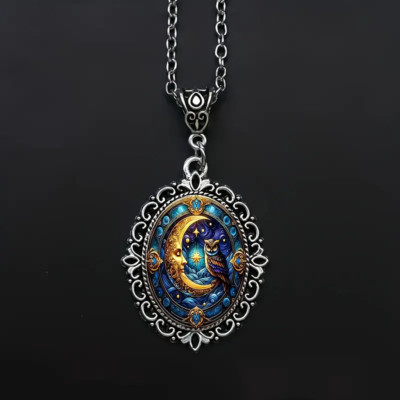 Owl Moon Bird Gothic Silver Jewelry Vintage look Oval Pendant Necklace