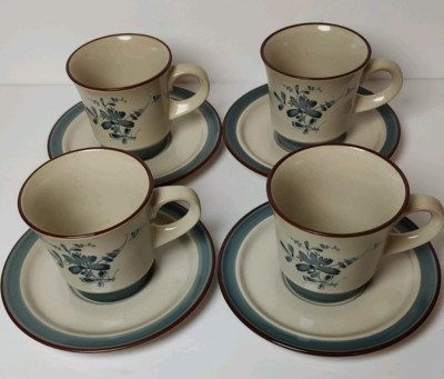 Vintage Set Of (4) Noritake Stoneware ''Pleasure'' Coffee Cups/Saucers 8344 Japan