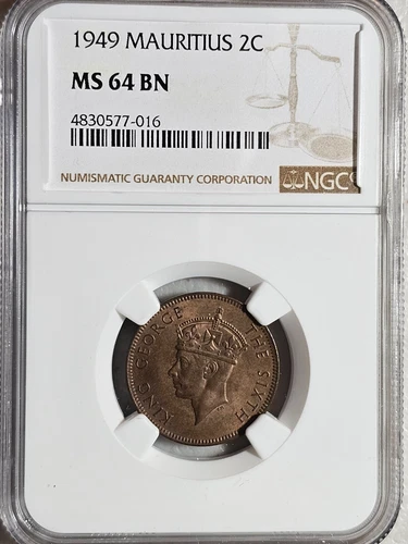 Mauritius 2 Cents 1949 NGC MS 64 BN