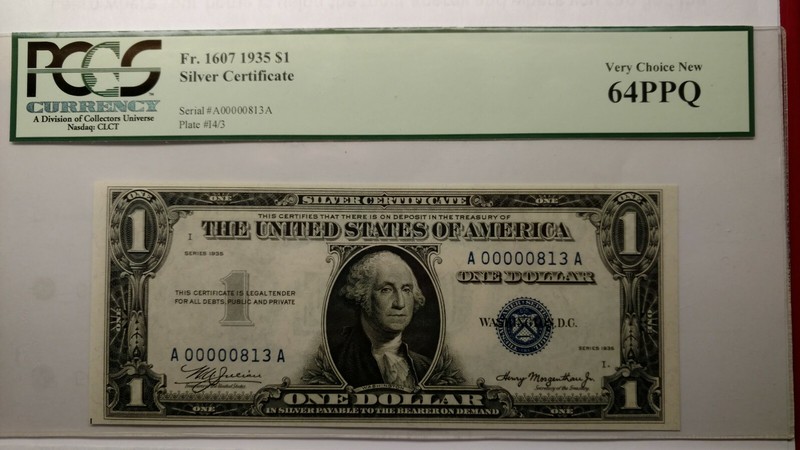 Fr. 1607 1935 $1 SILVER CERTIFICATE VERY CHOICE NEW PCGS 64PPQ No MOTTO LOW #.