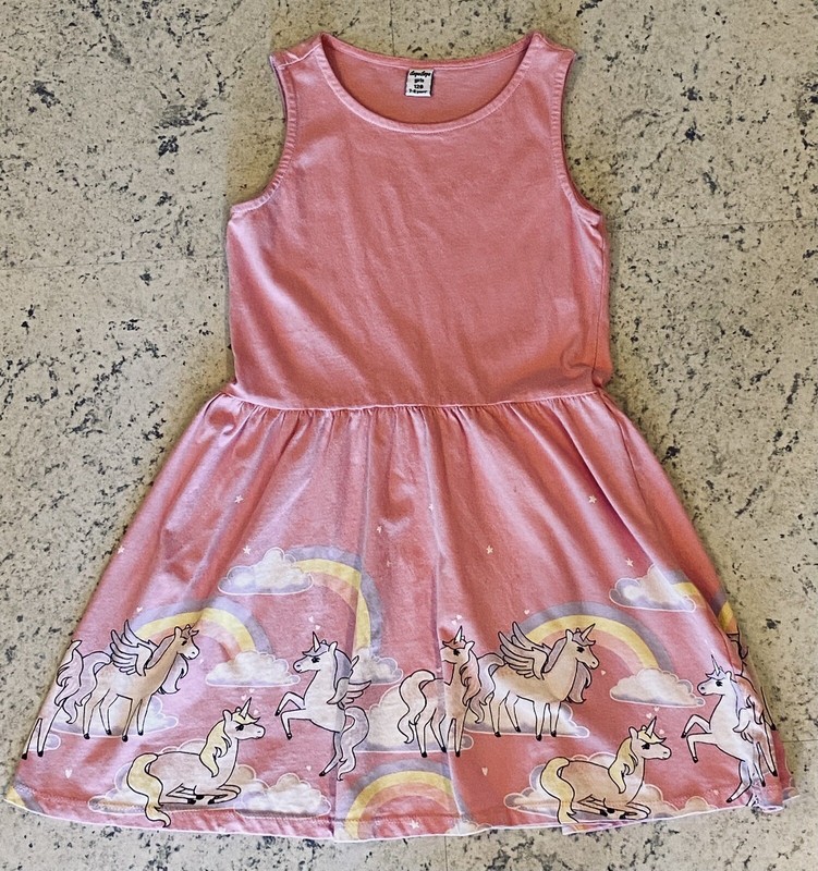 Dopo Dopo Girl’s Dress~Size 7-8/128~Sleeveless PINK Cotton UNICORNS & RAINBOWS