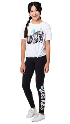 Justice Girls Leggings Black Size 12/14 Full Length Glitter Logo Graphic - Picture 11 of 12