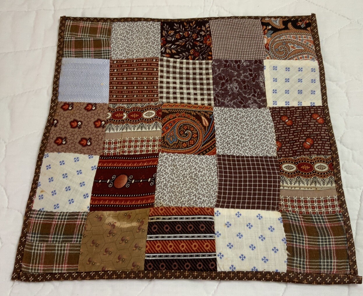 Vintage Antique Patchwork Quilt Table Topper, Nine Patch, Early Calicos, Brown