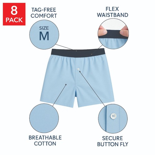 8 Pack Boxer Shorts Men’s Classic TAGLESS Underwear Boxers 100% Cotton Blue - Picture 3 of 5