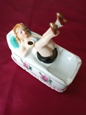Vintage Porcelain Ashtray Pin-up Lady Rocking Legs - Missing the Fan, 1930s