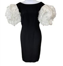 Victor Costa VTG 1980s Designer Black Cocktail Dress 3D Petal Puff Sleeves Sz 8