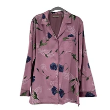Valerie Stevens Purple Floral Long Sleeve Button-Up Blouse M Satin Pajama Top 