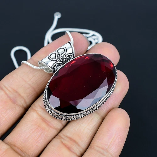 Mozambique Garnet Gemstone Pendant 925 Sterling Silver Handmade Vintage Pendant