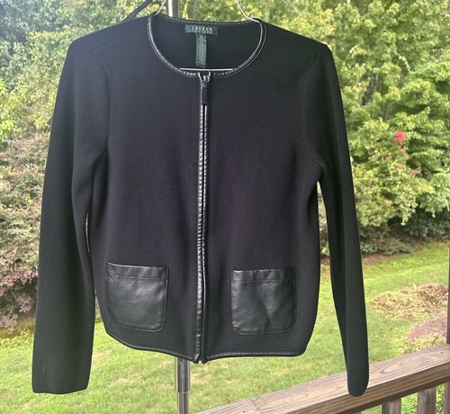 Ralph Lauren Black Suit Jacket Women Medium Fancy Knit Cardigan Zip Pockets - Picture 8 of 19