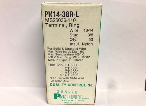 50 Panduit Ring Terminals Wire 18-14 Stud 3/8  p/n PN14-38R-L MS25036-110 NOS - Picture 2 of 3