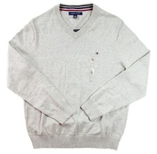Tommy Hilfiger Mens Sweater M Pullover V-Neck Long Sleeve Cotton Gray NEW