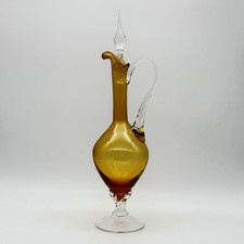 Hand-Blown Art Glass Decanter Vase with Amber Swirl Base