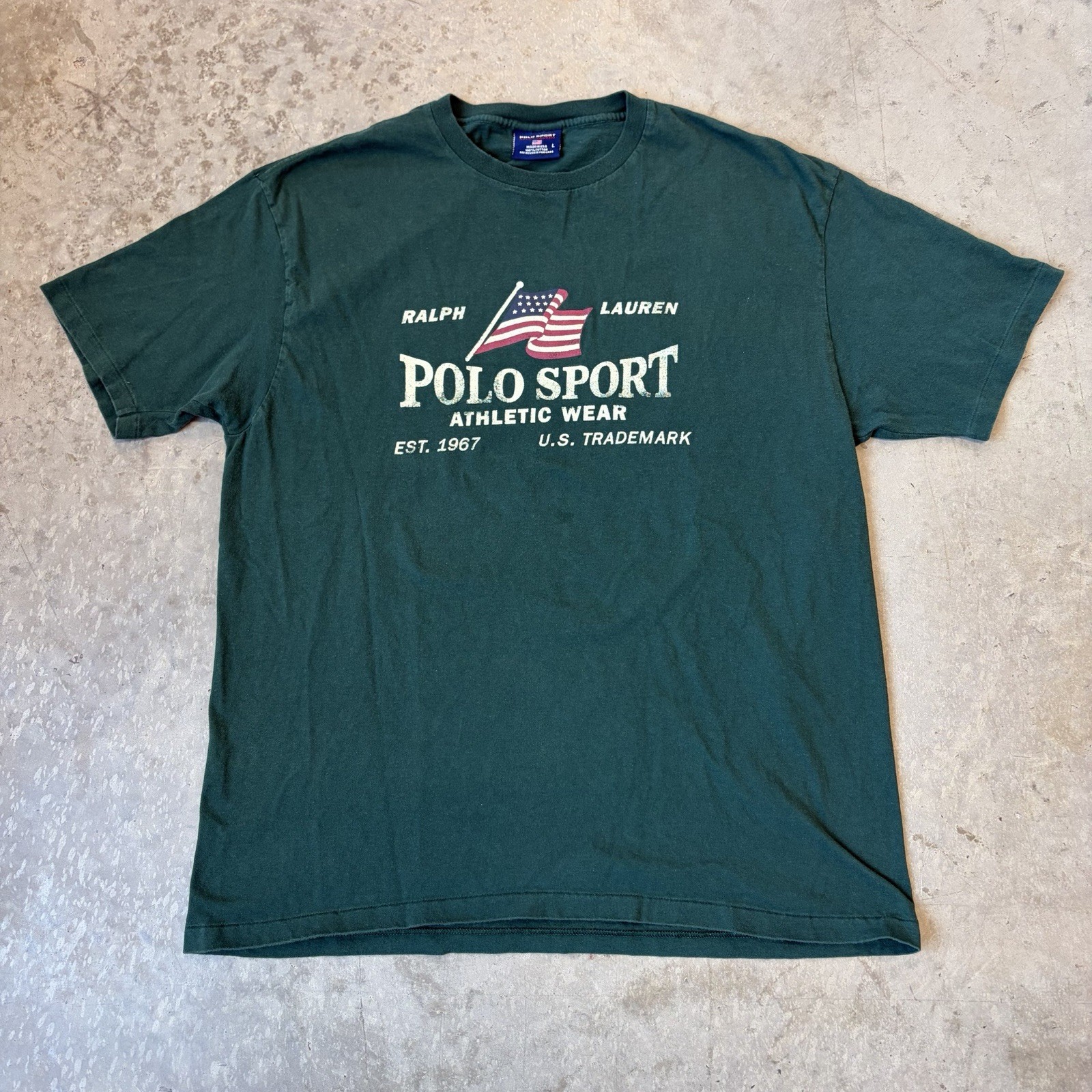 Vintage 90s Polo Sport Ralph Lauren T Shirt Single Stitch USA Flag Green Large