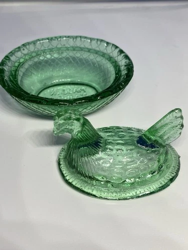 Hen on Nest Green Depression Style Glass Vintage Dish With Lid 5”H