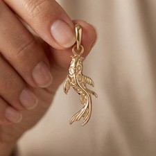 Koi Fish Nature Charm Pendant In 14K Yellow Gold  Necklace Gift Handmade Jewelry