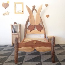 Handcrafted Wooden Bed Frame with Butterfly Wings Design – Unique Rustic Furnitu