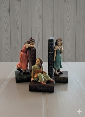 Vtg 3 Piece Bookend Set Hallmark Hide And Seek Girls Heavy Resin Books