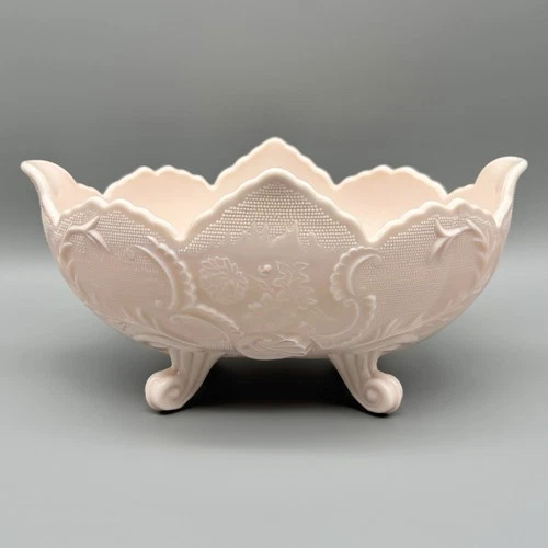 Vintage Baby Pink Milk Glass Footed Floral Scrollwork 10.5" Oblong Compote Bowl