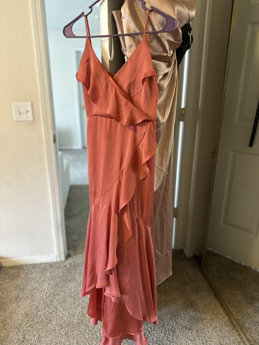 Express Coral Satin Ruffle Maxi Dress XS Sleeveless V-Neck Party