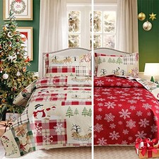 Reversible Xmas Bedding Quilts King Size Plaid King 106"x96" Red Green Beige