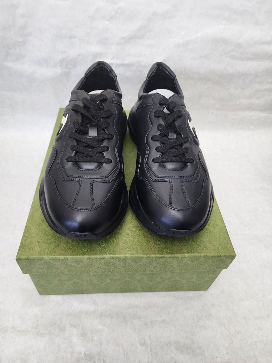 Gucci Black Rhyton Leather Sneakers With Side Interlocking GG Logo