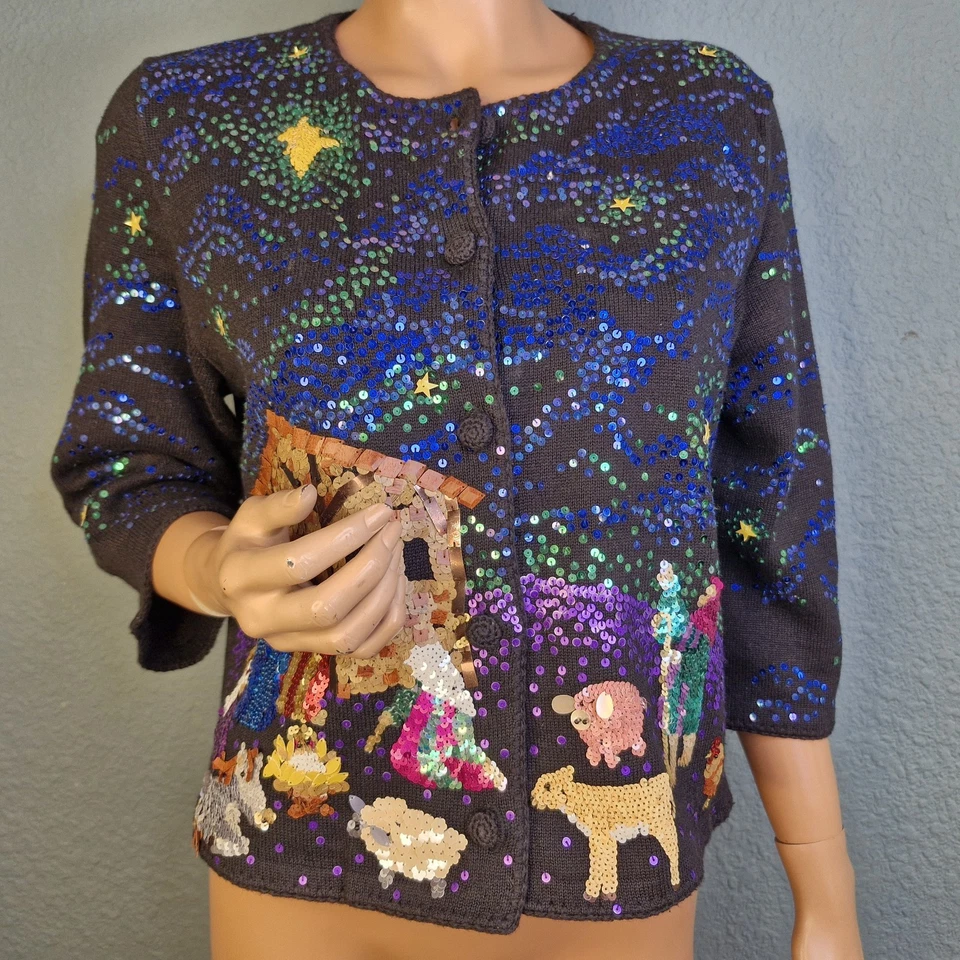 Cárdigan Suéter Michael Simon Evento Negro Belén Navidad Cuentas Lentejuelas M Foto 3 de 4