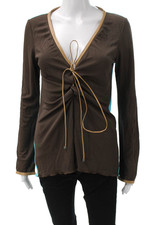 Fendi Womens Tunic Blouse V-Neck Colorblock Brown Rayon Long Sleeve Tie Size 46
