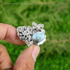 Valentines Sale Sterling Silver Larimar Gemstone Promise Throat Chakra Boho Ring