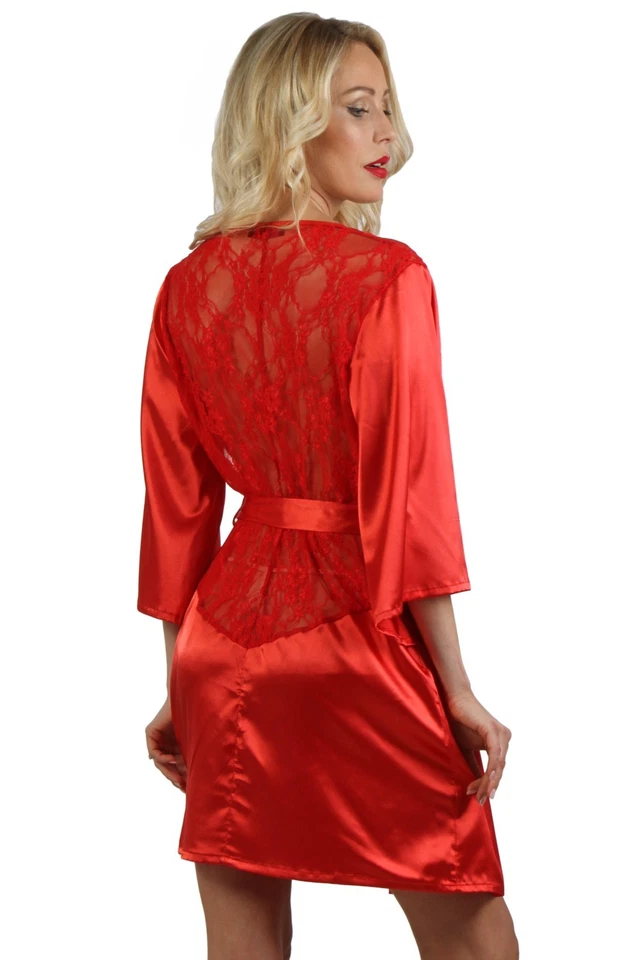 Robe Kimono Satinée Soisbelle® avec Dentelle Transparente Dos – Ceinture à Nouer - Photo 2/4