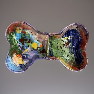 Handmade Ceramic Dog Feeder Double Bowl Bone Shape Signed Elai 2022