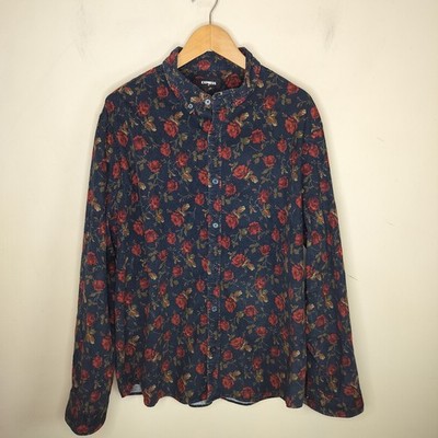 Express Mens Corduroy Shirt Size XXL 2XL Floral Rose Print Button Down
