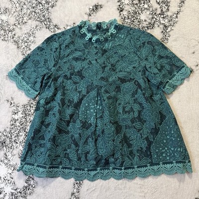 Anthropologie HD In Paris Top Womens Size 4 Green Lace Bird Floral Scallop Hem